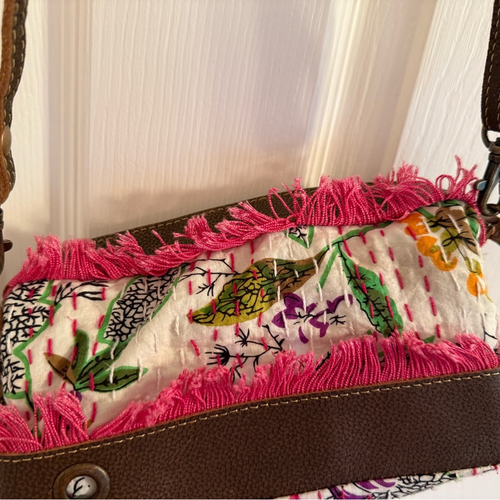 Myra Bag Pink Fringe Floral Crossbody with Brown Trim